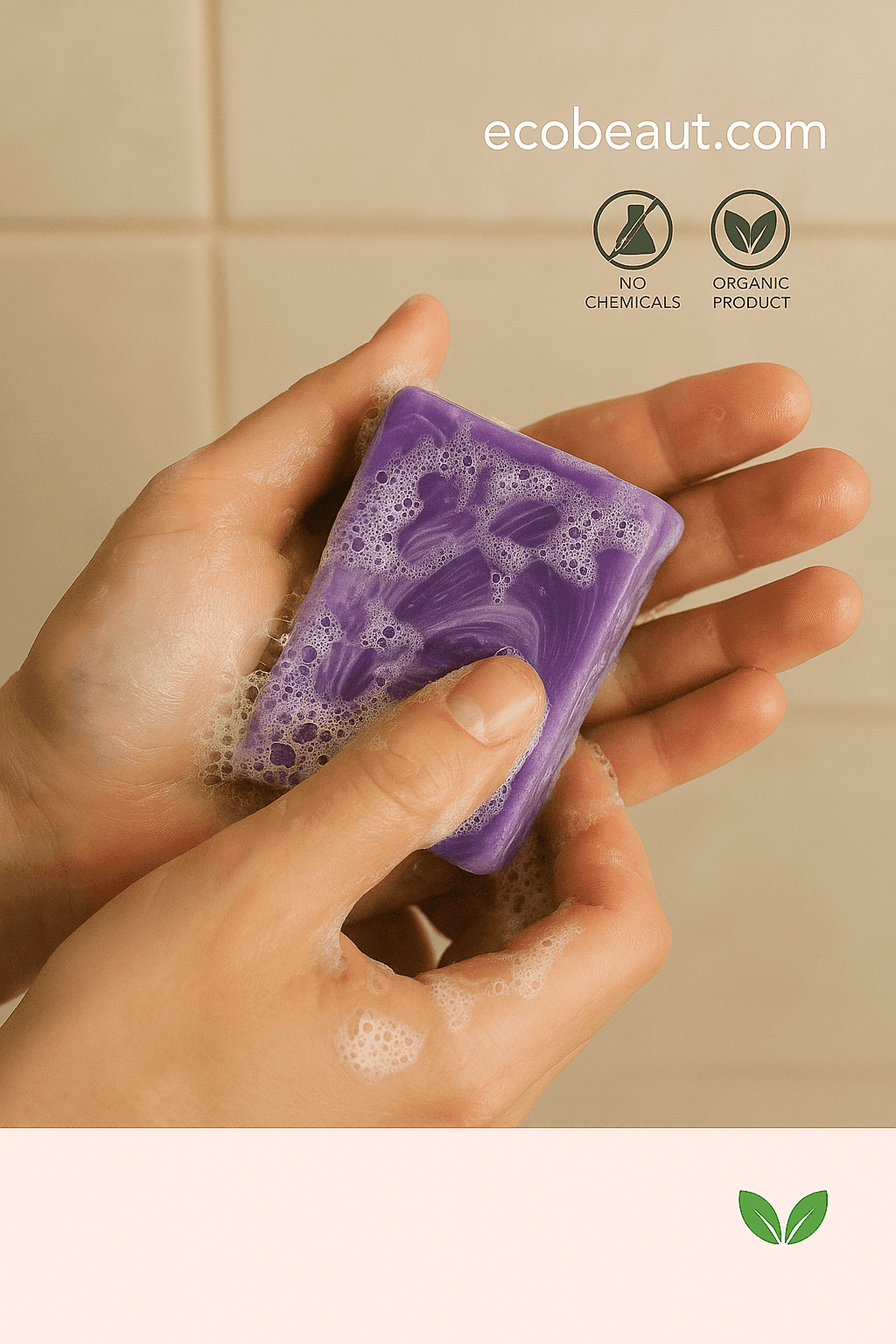 Hands washing with Purple Peach artisan soap bar, producing soft foam, with ecobeaut.com and “NO CHEMICALS” / “ORGANIC PRODUCT” icons in the upper right corner, showcasing natural use.