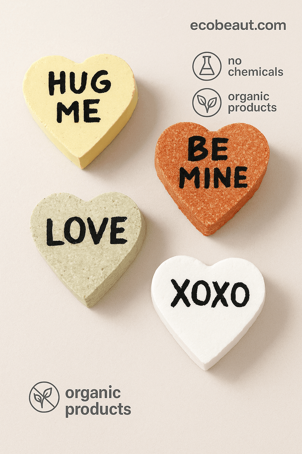 Heart-shaped Valentine's Day bath bomb with "LOVE" text – organic, handmade and chemical-free, perfect for eco-friendly gifting – ecobeaut.com

