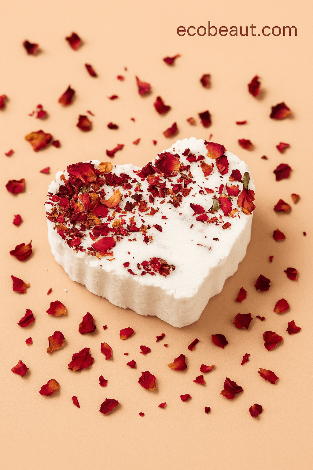 Heart-shaped organic rose bath bomb on white background with rose petals – handmade natural bath product ecobeaut.com