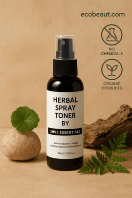 Herbal Spray Toner by Shave Essentials presented with natural elements — organic product, no chemicals, ecobeaut.com