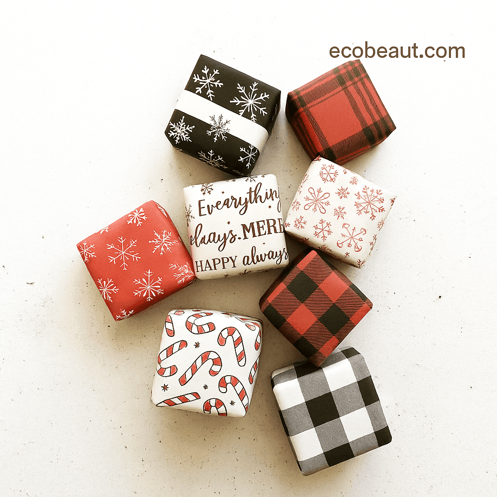 Holiday-themed peppermint stick bath bomb cubes arranged on a textured white surface with various gift wrap designs and ecobeaut.com in the corner