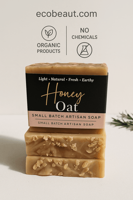 Honey Oat artisan soap bars stacked on a light background, with visible oat flakes and eco-friendly branding including ecobeaut.com, “NO CHEMICALS,” and “ORGANIC PRODUCTS” icons in the top center.