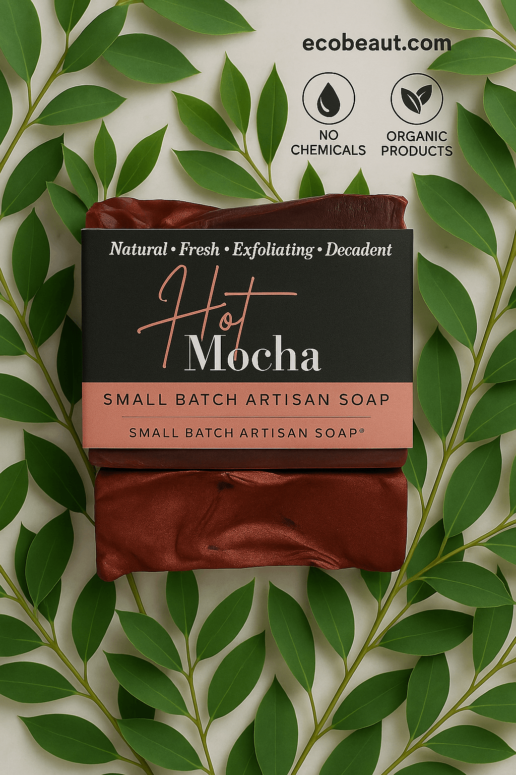  Hot Mocha small batch artisan soap bar with deep mocha tones, surrounded by abundant green eucalyptus leaves, featuring ecobeaut.com, “NO CHEMICALS,” and “ORGANIC PRODUCTS” icons in the top right corner.




