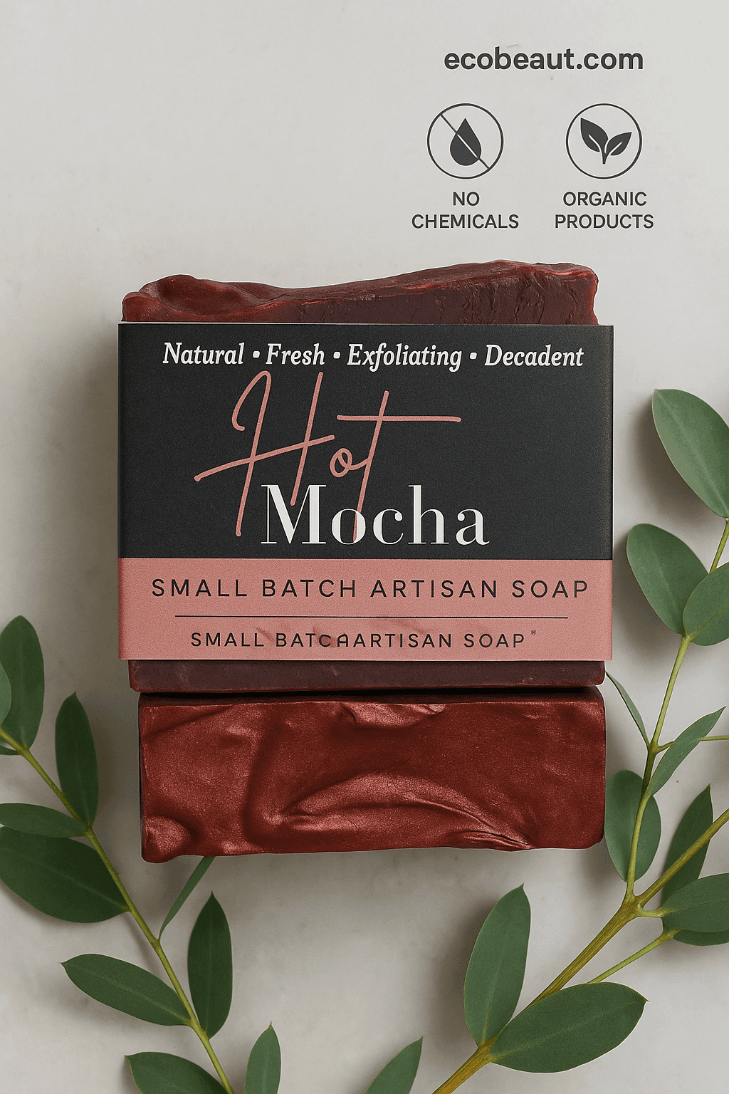 Hot Mocha small batch artisan soap bar with rich red-brown tones, surrounded by eucalyptus leaves, featuring ecobeaut.com, “NO CHEMICALS,” and “ORGANIC PRODUCTS” icons in the top right corner.