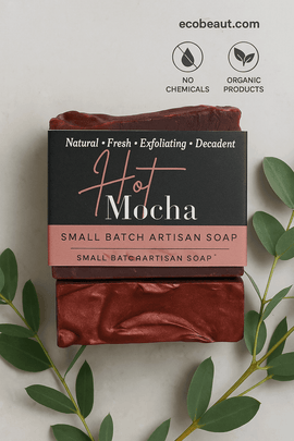 Hot Mocha small batch artisan soap bar with rich red-brown tones, surrounded by eucalyptus leaves, featuring ecobeaut.com, “NO CHEMICALS,” and “ORGANIC PRODUCTS” icons in the top right corner.