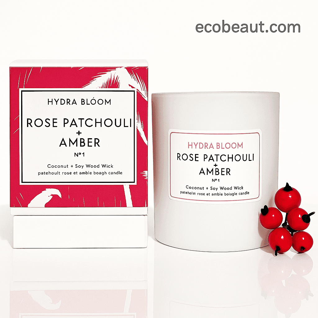 Hydra Bloom Rose Patchouli Amber Candle – eco-friendly coconut and soy wax wood wick candle in elegant white jar with red box, product display on ecobeaut.com
