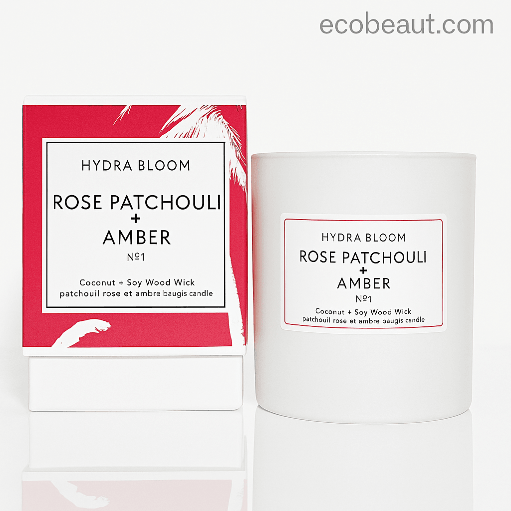 Hydra Bloom Rose Patchouli Amber Candle with matching red box and berries, styled product presentation on clean background for ecobeaut.com