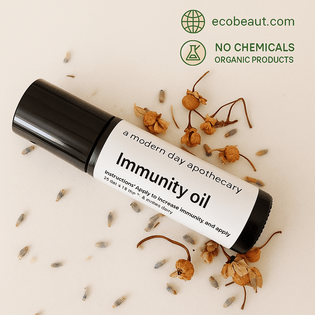 Immunity Oil bottle surrounded by dried chamomile and lavender flowers on a light surface. Organic and chemical-free product from ecobeaut.com.
