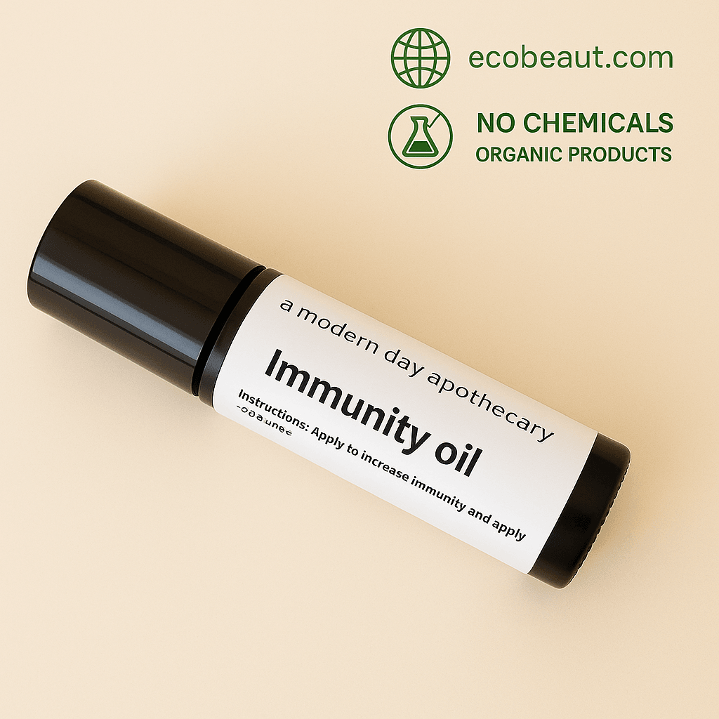 Immunity Oil by a modern day apothecary on a clean beige background. Eco-friendly and chemical-free product from ecobeaut.com.