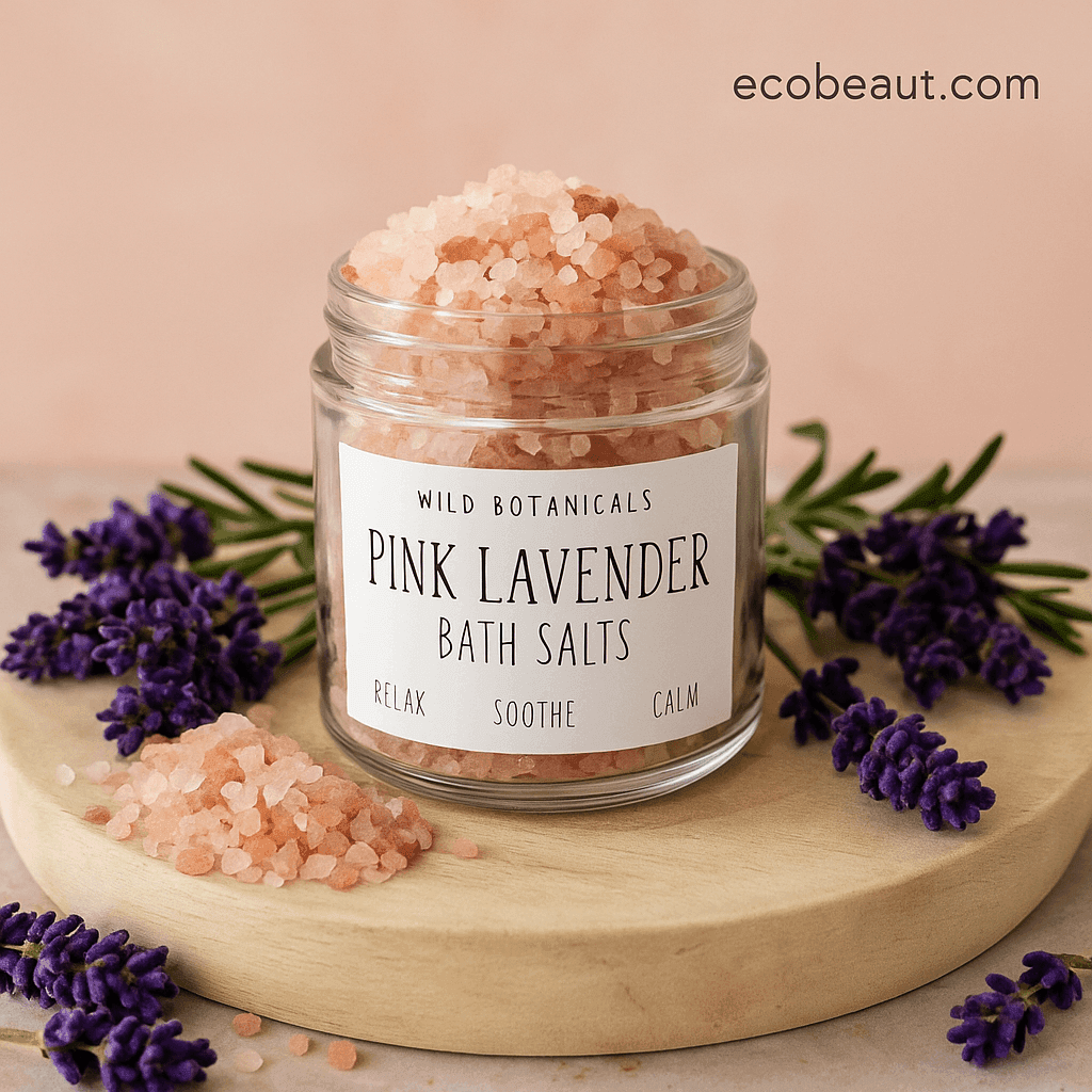 Jar of Wild Botanicals Pink Lavender Bath Salts with fresh lavender flowers on a wooden tray and ecobeaut.com in the corner