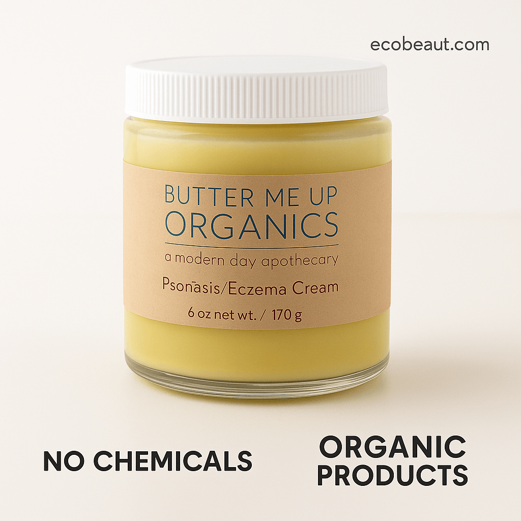 Jar of Butter Me Up Organics Psoriasis/Eczema Cream on a light background
