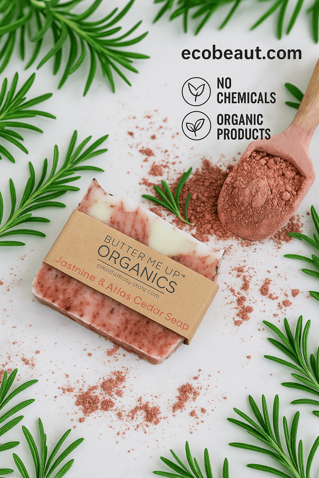 Jasmine & Atlas Cedar Soap by Butter Me Up Organics displayed on a marble surface, surrounded by rosemary sprigs and reddish powder, with ecobeaut.com, “NO CHEMICALS,” and “ORGANIC PRODUCTS” icons in the top right corner.




