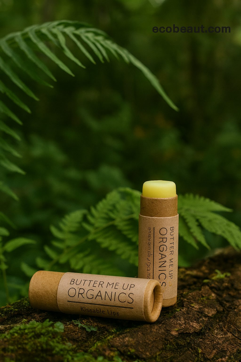 Butter Me Up Organics lip balm on a natural background with green leaves.