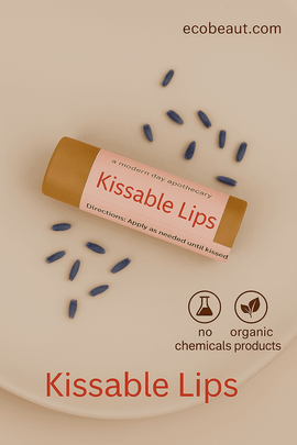 Kissable Lips organic lip balm in eco-friendly kraft tube with pink label on neutral beige background, surrounded by dried lavender buds – ecobeaut.com, no chemicals, organic products