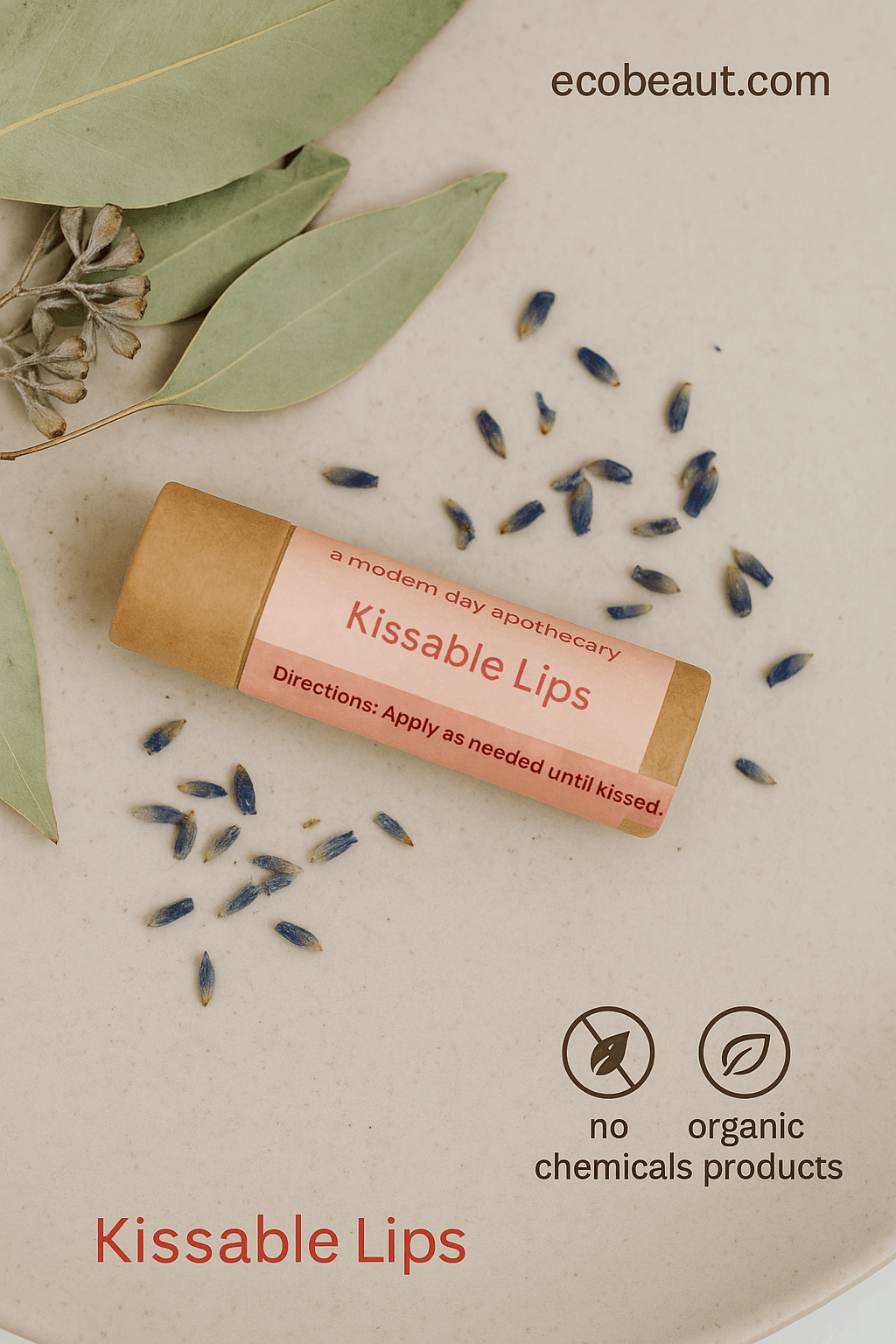 Kissable Lips organic lip balm in pink-labeled kraft tube presented on a clean beige background – ecobeaut.com, no chemicals, organic products