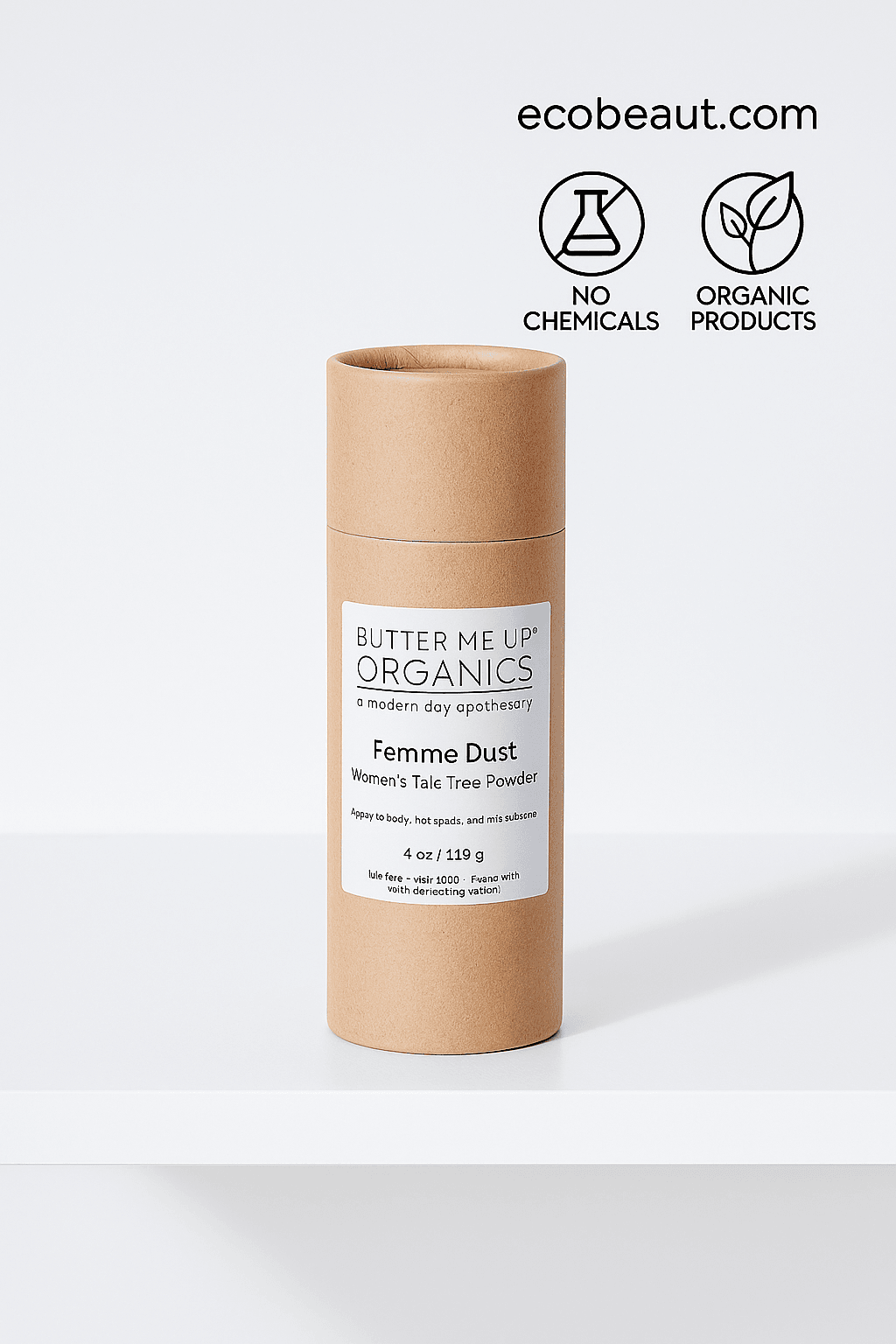 "Kraft paper Femme Dust powder container on a white shelf, with black eco labels and ecobeaut.com branding in the top right corner, no plants present."