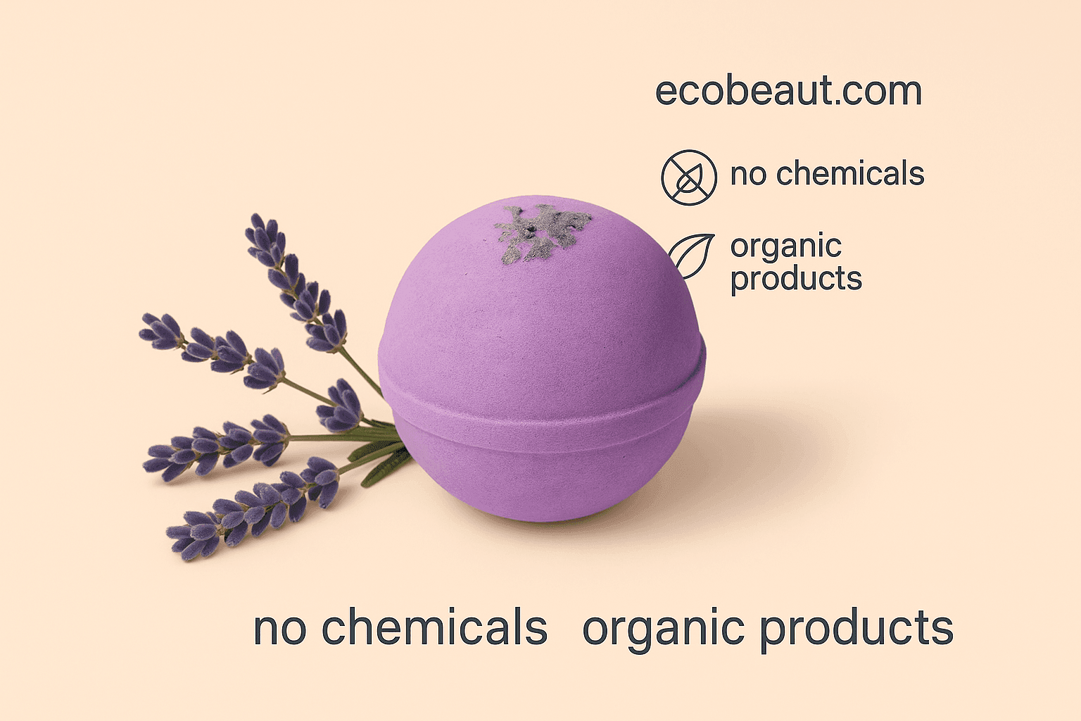 Lavender Bergamot bath bomb with dried lavender on soft peach background, labeled ecobeaut.com with icons for no chemicals and organic products