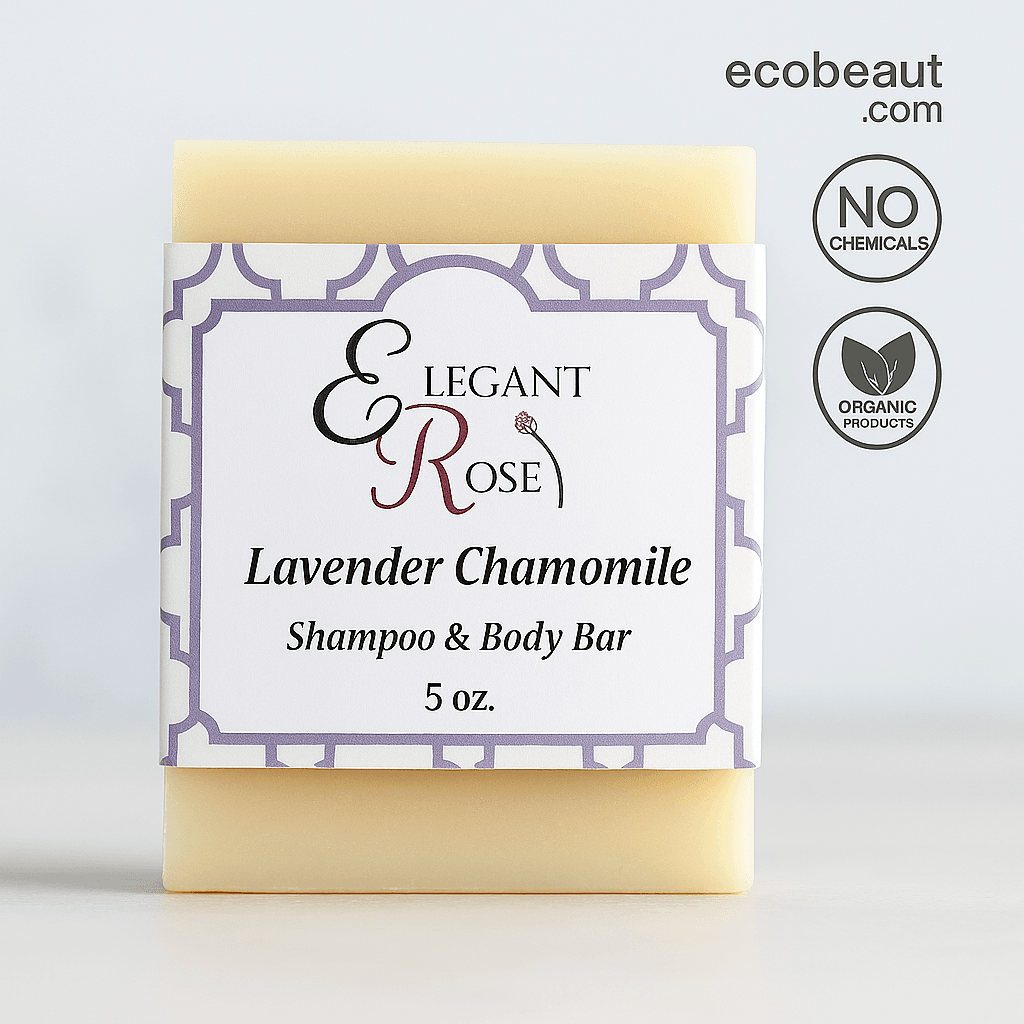 Lavender Chamomile Shampoo & Body Bar with ecobeaut.com, No Chemicals, Organic Products labels on a clean background.