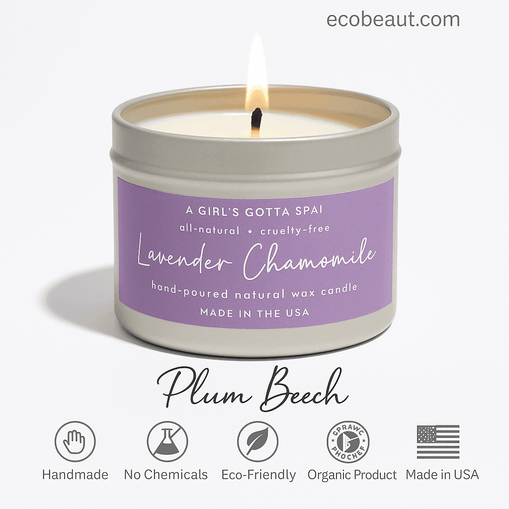 Lavender Chamomile natural wax candle by Plum Beech presented with lavender sprigs on stone slab – Handmade, No Chemicals, Eco-Friendly, Organic Product, Made in USA – ecobeaut.com