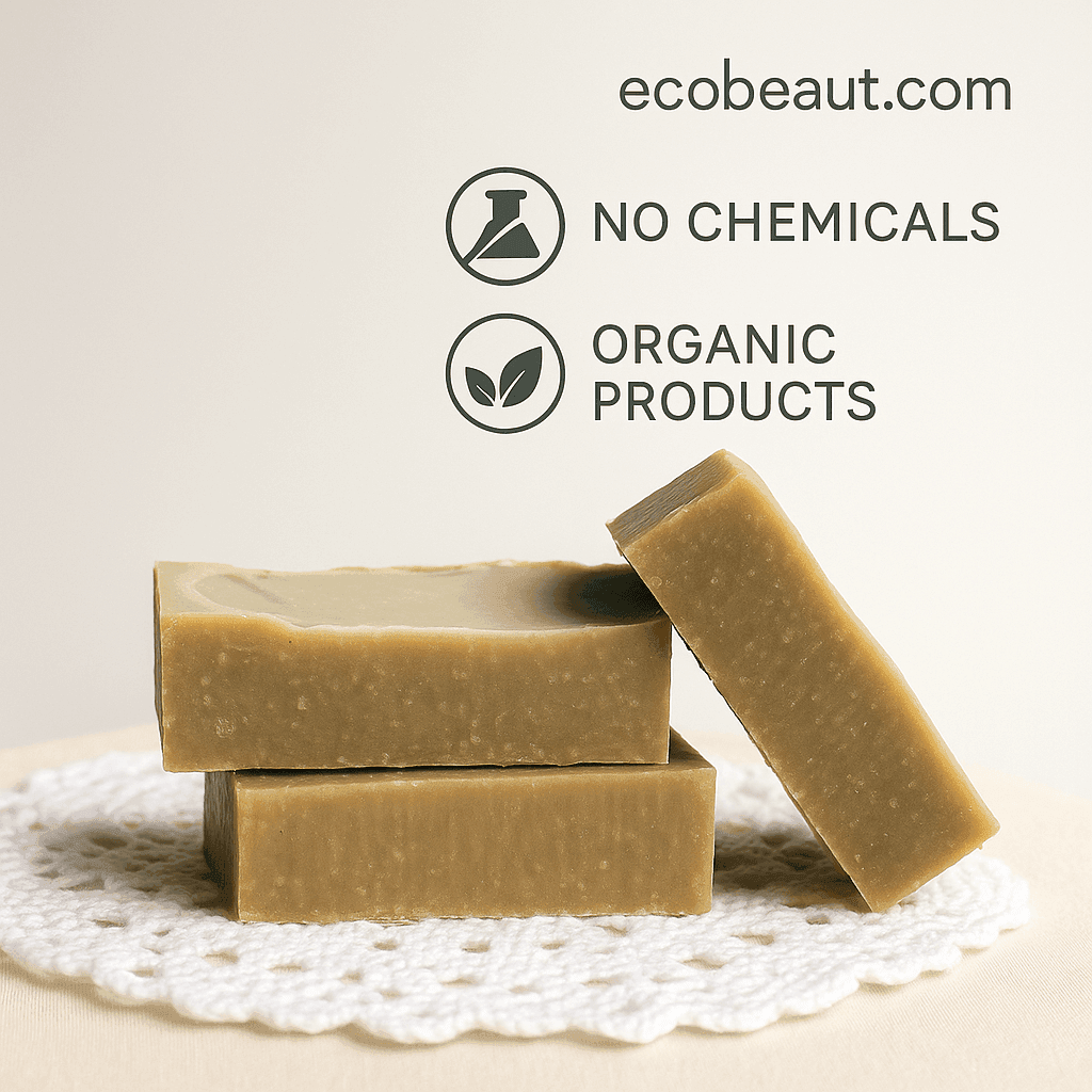 Lavender Dream Shampoo Bars on a white doily with ecobeaut.com, No Chemicals, and Organic Products labels.