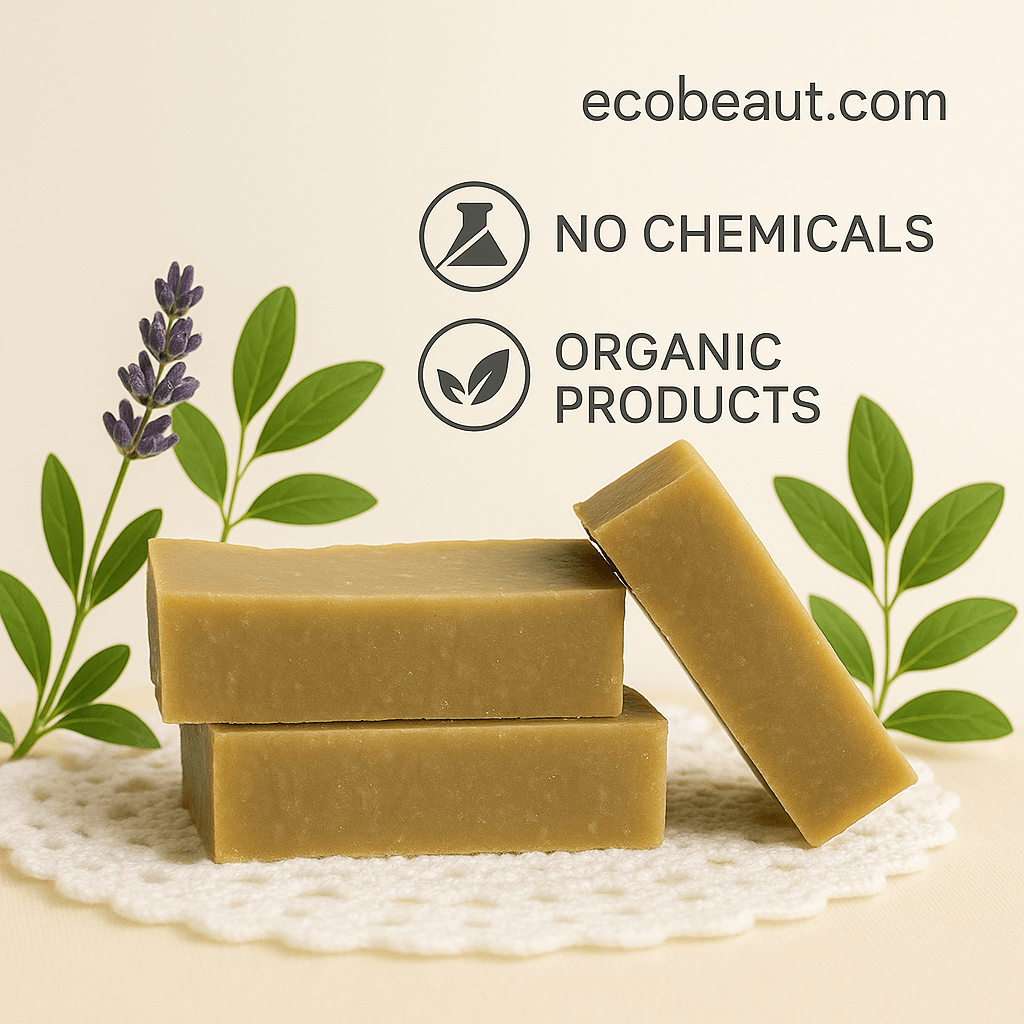 Lavender Dream Shampoo Bars on a white doily with lavender and green leaves, labeled ecobeaut.com, No Chemicals, Organic Products.