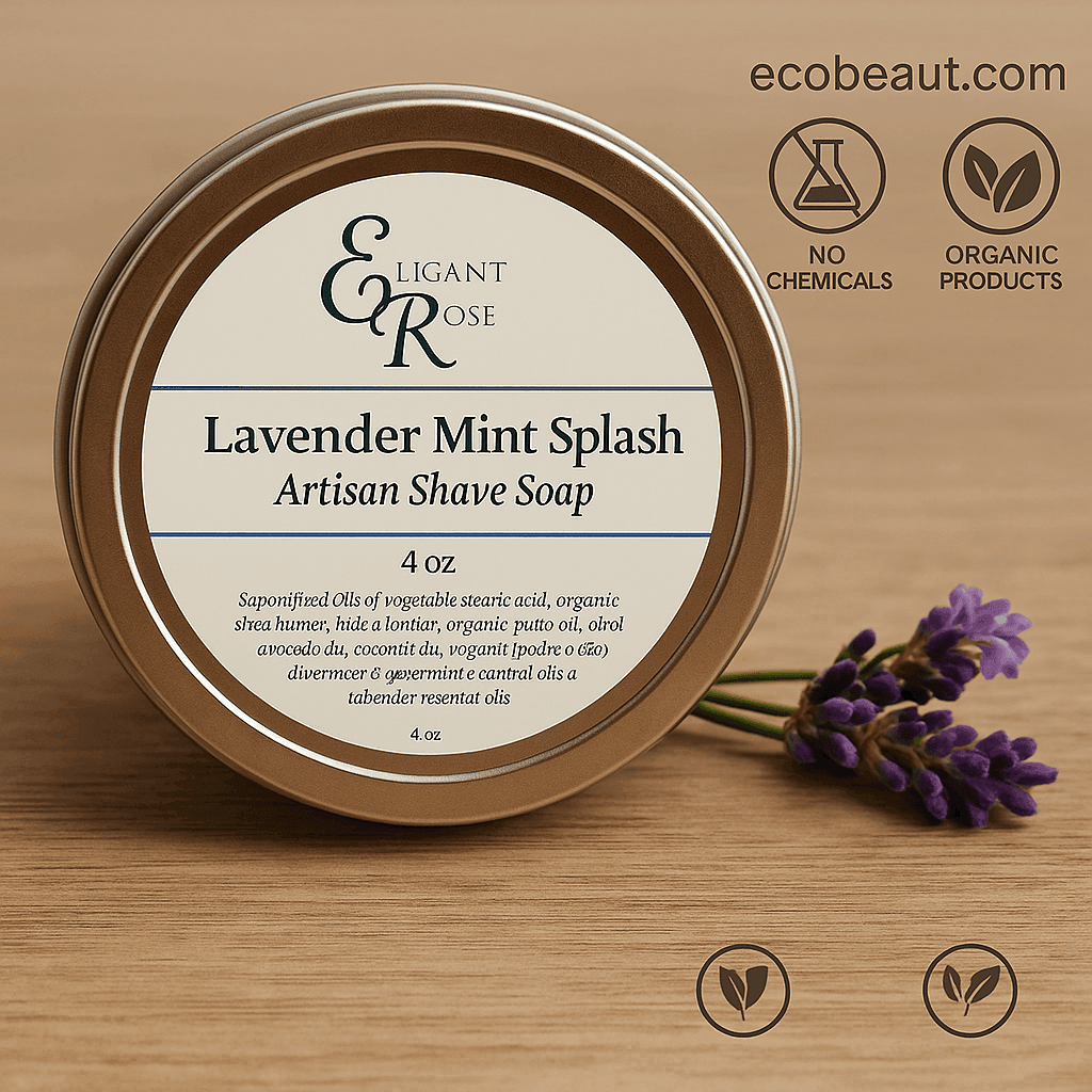 Lavender Mint Splash Artisan Shave Soap in metal tin on white background with ecobeaut.com branding, no chemicals, organic products