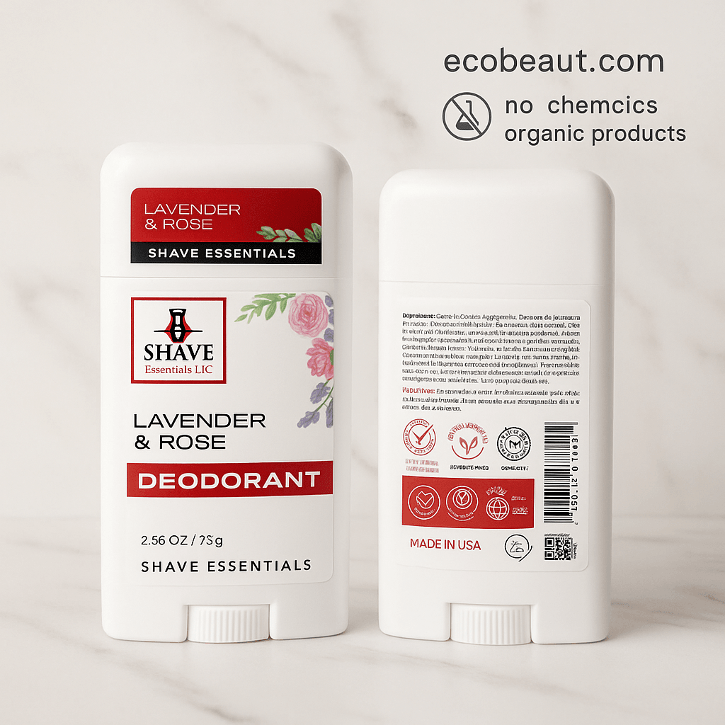 Lavender & Rose natural deodorant by Shave Essentials – front and back view on marble background, ecobeaut.com, no chemicals, organic products