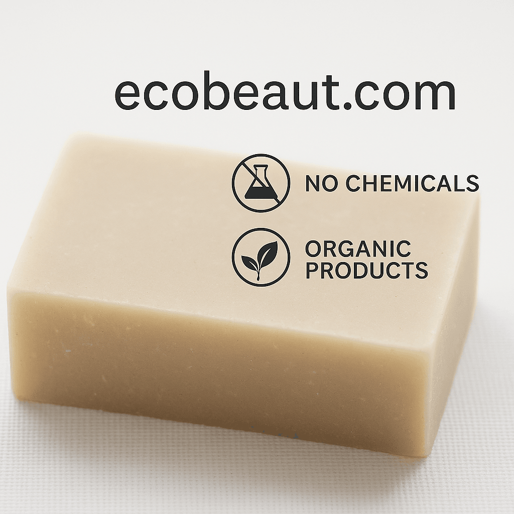 Lavender Rosemary Shampoo Bar on a white surface with ecobeaut.com, No Chemicals, Organic Products labels.





