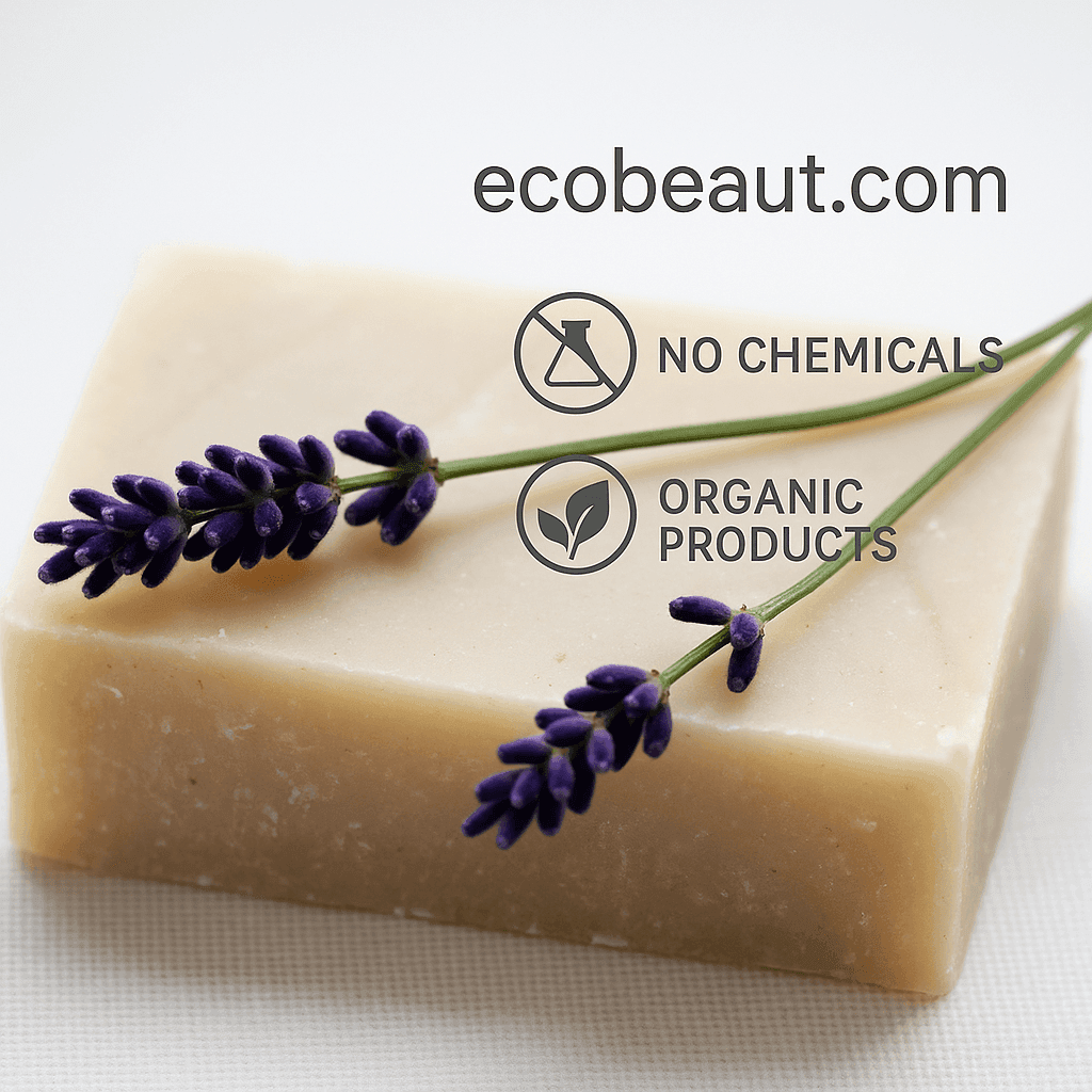Lavender Rosemary Shampoo Bar with fresh lavender sprigs and eco labels: ecobeaut.com, No Chemicals, Organic Products.
