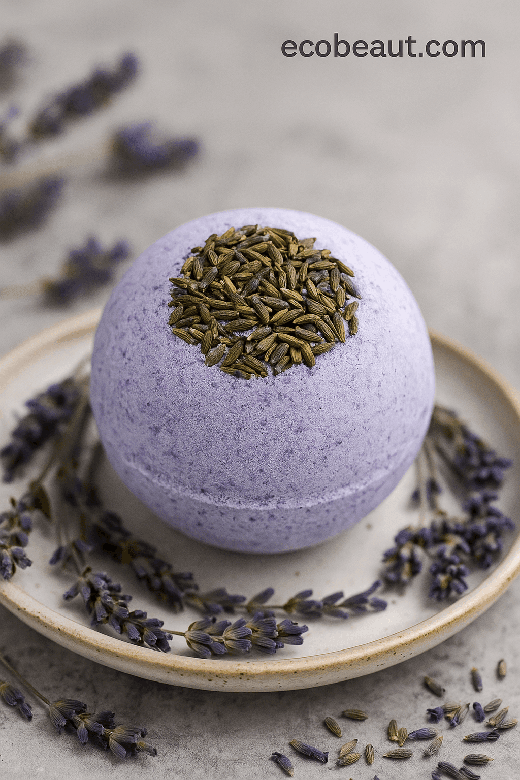 Lavender bath bomb on a ceramic dish with fresh lavender sprigs – natural and relaxing spa product by ecobeaut.com