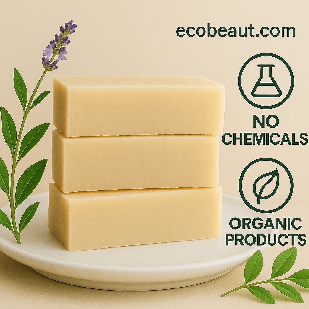 Lavender tea bars on a plate with green leaves, lavender sprig, and slightly shifted left labels: ecobeaut.com, No Chemicals, Organic Products.