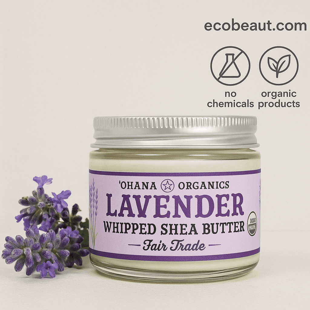 Lavender whipped shea butter by Ohana Organics with fresh lavender flowers beside the jar. Top right shows ecobeaut.com and icons for no chemicals and organic products.