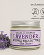 Lavender whipped shea butter by Ohana Organics with fresh lavender flowers beside the jar. Top right shows ecobeaut.com and icons for no chemicals and organic products.