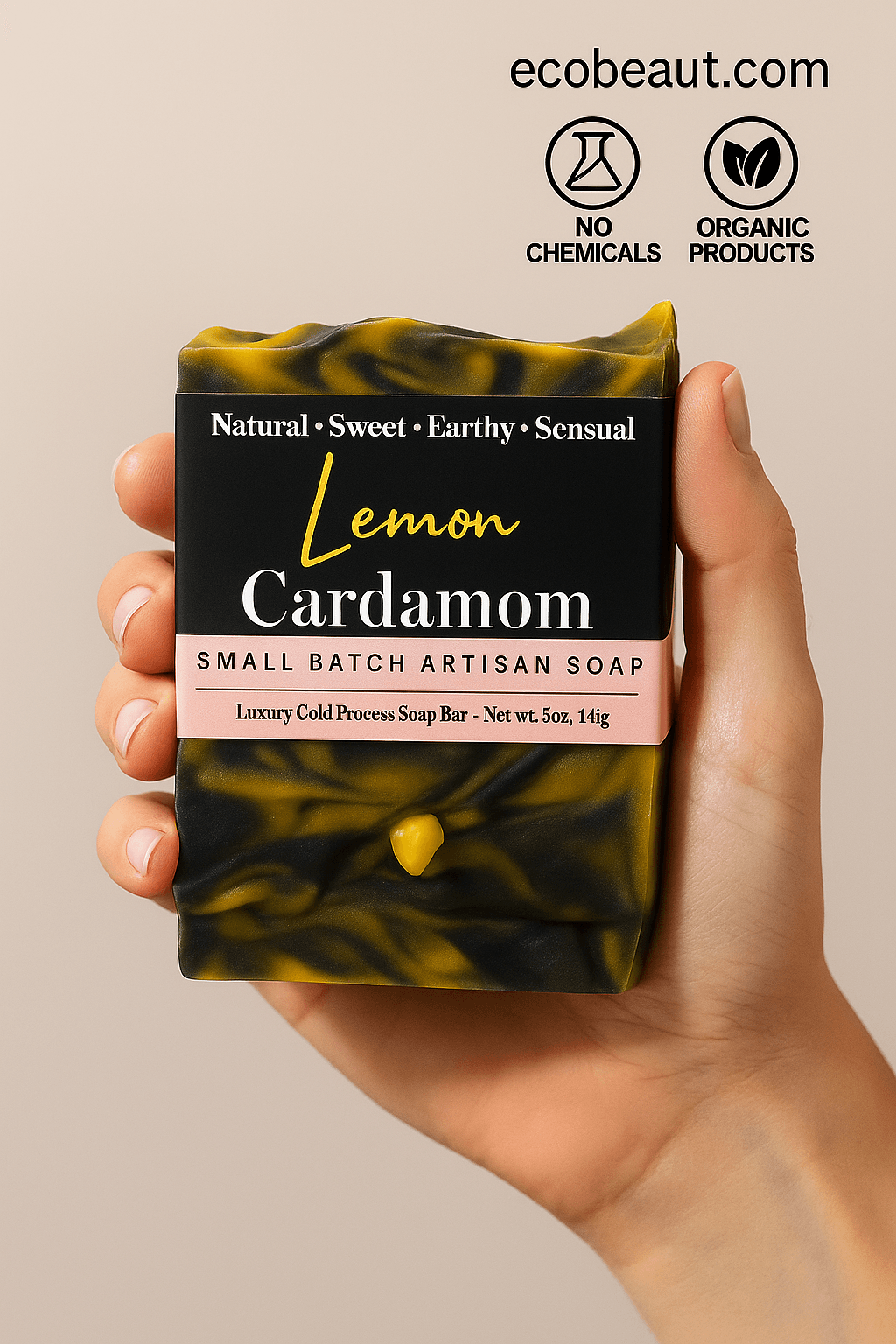 Lemon Cardamom artisan soap bar in natural use by a person, surrounded by green leaves, with "no chemicals," "organic products" icons and ecobeaut.com in the top right corner
