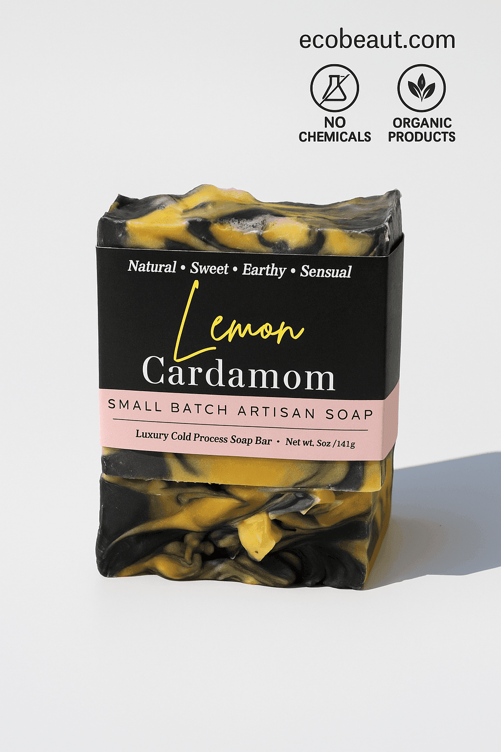 Lemon Cardamom artisan soap on a clean background with ecobeaut.com label and organic product icons.