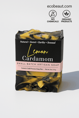 Lemon Cardamom artisan soap on a clean background with ecobeaut.com label and organic product icons.