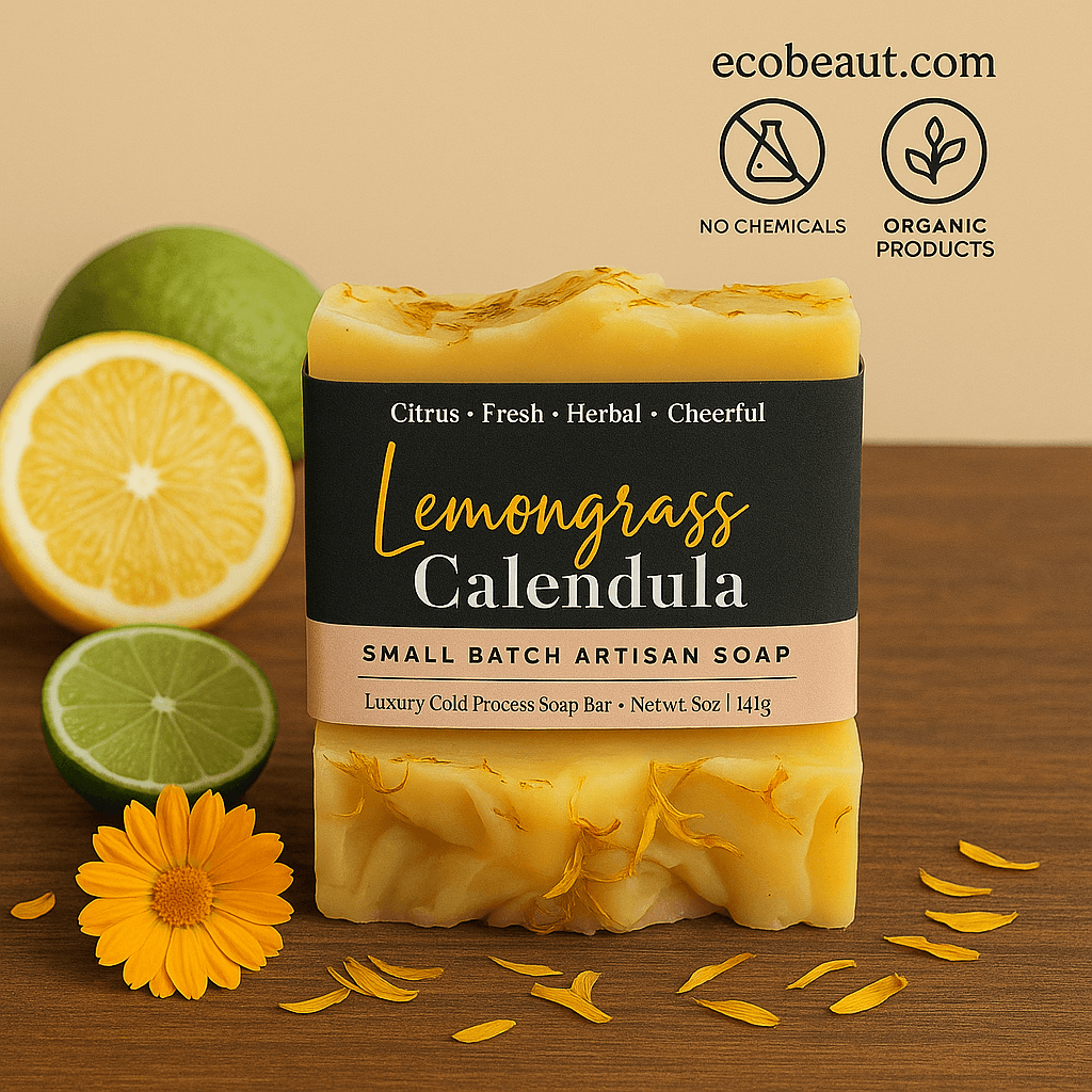 Lemongrass Calendula organic soap bar by ecobeaut.com on wooden surface with citrus halves and calendula petals, featuring “NO CHEMICALS” and “ORGANIC PRODUCTS” labels.