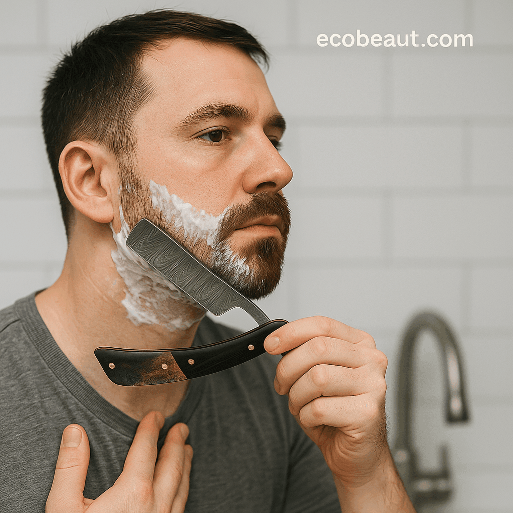 Light-skinned man shaving his cheek with a Damascus steel straight razor, carefully gliding it through shaving foam in a modern bathroom, with ecobeaut.com branding above.