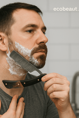 Light-skinned man shaving his cheek with a Damascus steel straight razor, carefully gliding it through shaving foam in a modern bathroom, with ecobeaut.com branding above.