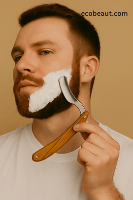 Light-skinned man using a curved straight razor on his face – ecobeaut.com