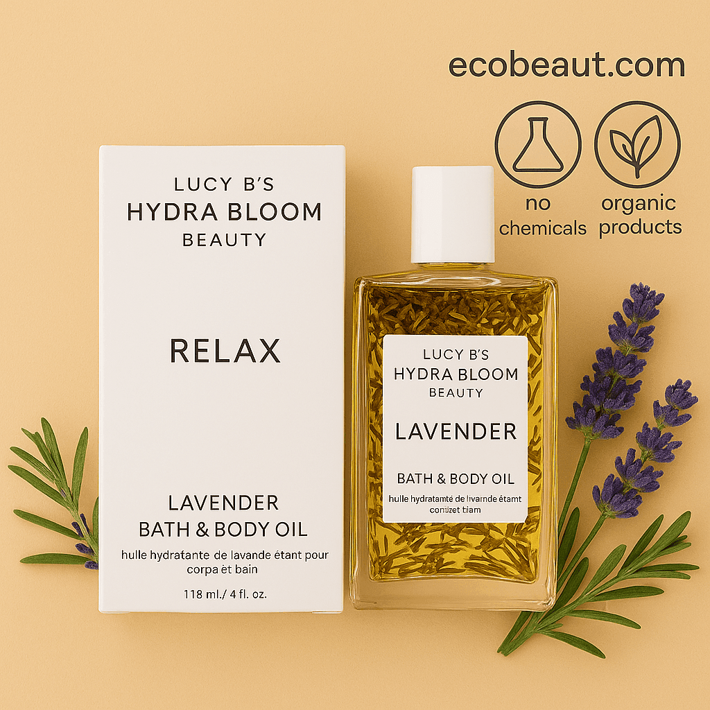 Lucy B’s Hydra Bloom Lavender Bath & Body Oil with product box, surrounded by fresh lavender sprigs. Top right corner displays ecobeaut.com and icons: no chemicals, organic products.