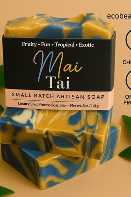 Mai Tai artisan soap bar by ecobeaut.com with tropical marbled colors, green leaves, and “NO CHEMICALS” and “ORGANIC PRODUCTS” icons in the top right corner.



