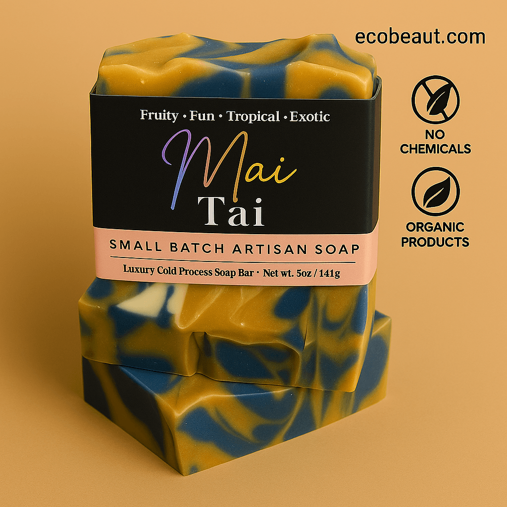  Mai Tai artisan soap bar by ecobeaut.com with vibrant tropical swirls on a plain warm background, featuring “NO CHEMICALS” and “ORGANIC PRODUCTS” icons in the top right corner.