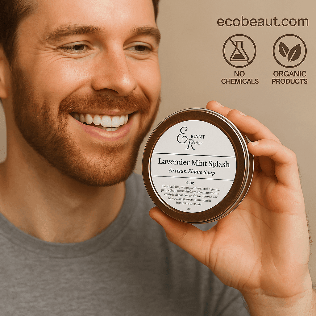 Man applying Lavender Mint Splash Artisan Shave Soap, natural skincare routine with ecobeaut.com branding, no chemicals, organic products