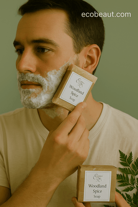 Man applying shaving cream using Woodland Spice Soap by Elegant Rose, holding the bar near his face with ecobeaut.com in the top right corner, surrounded by fern leaves on a green background.