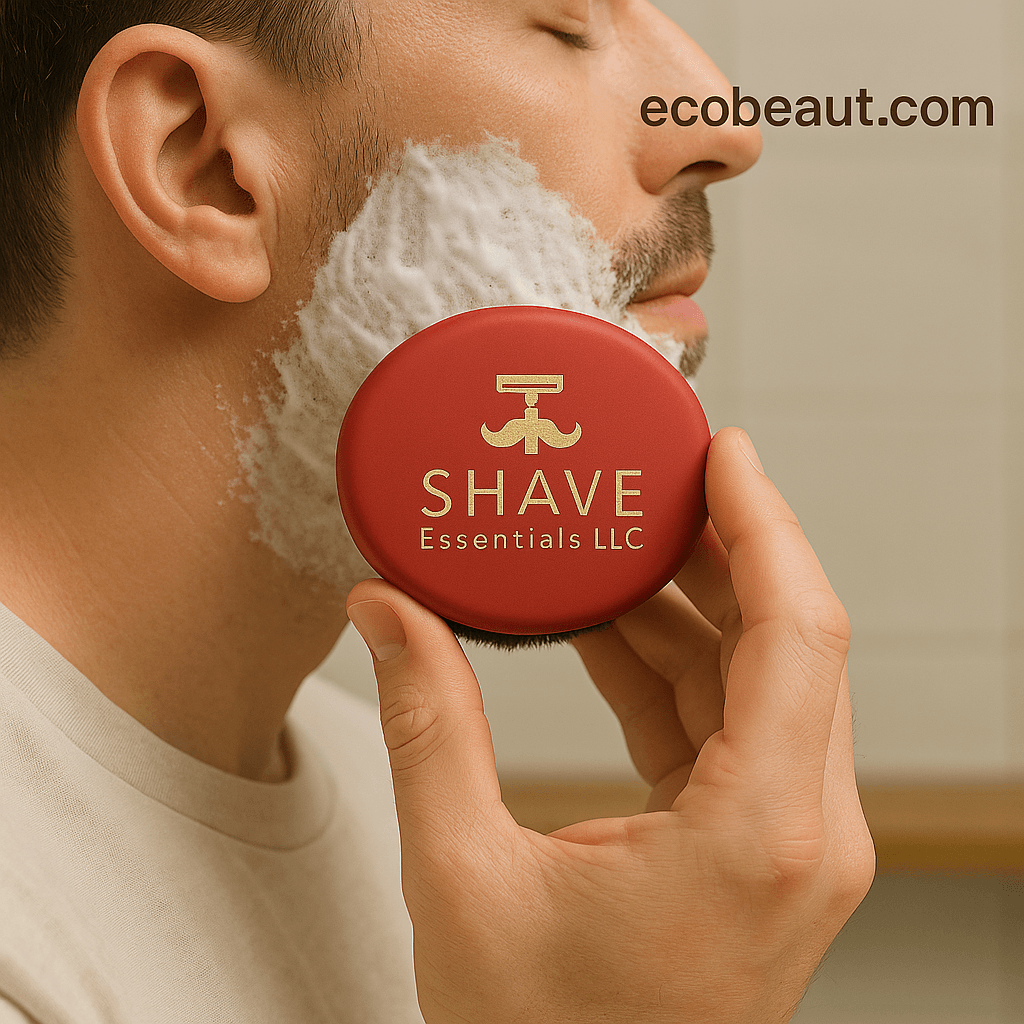 Man applying shaving cream using red SHAVE Essentials LLC brush with gold logo in natural bathroom setting — ecobeaut.com