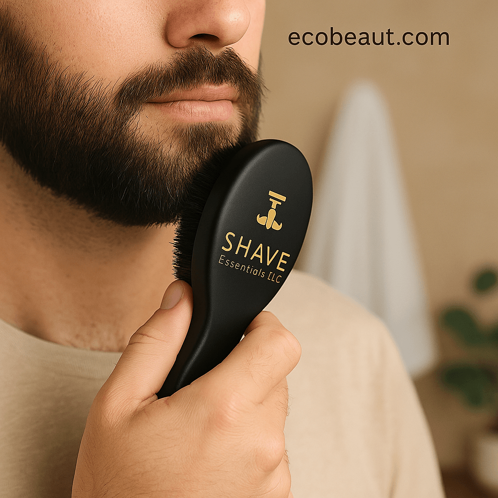 Man grooming beard using black SHAVE Essentials boar bristle brush with ergonomic handle and gold branding — ecobeaut.com
