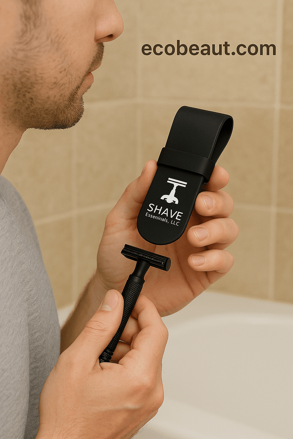 Man holding black silicone razor case and safety razor in a natural bathroom setting – SHAVE Essentials, ecobeaut.com