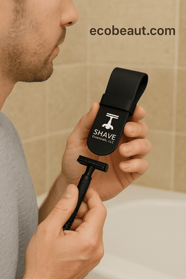 Man holding black silicone razor case and safety razor in a natural bathroom setting – SHAVE Essentials, ecobeaut.com