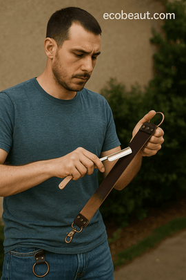 Man in teal shirt sharpening a straight razor on a dual-sided leather strop outdoors, holding the tool with precision against a natural backdrop, with ecobeaut.com logo in the top right corner.